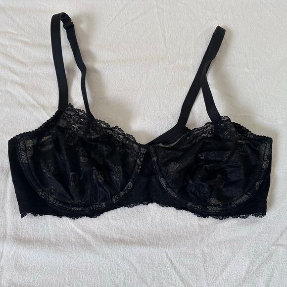 Savage X Fenty Unlined Floral Lace Bra 38 DD Black Sheer Underwire Plus Sexy - Picture 1 of 4